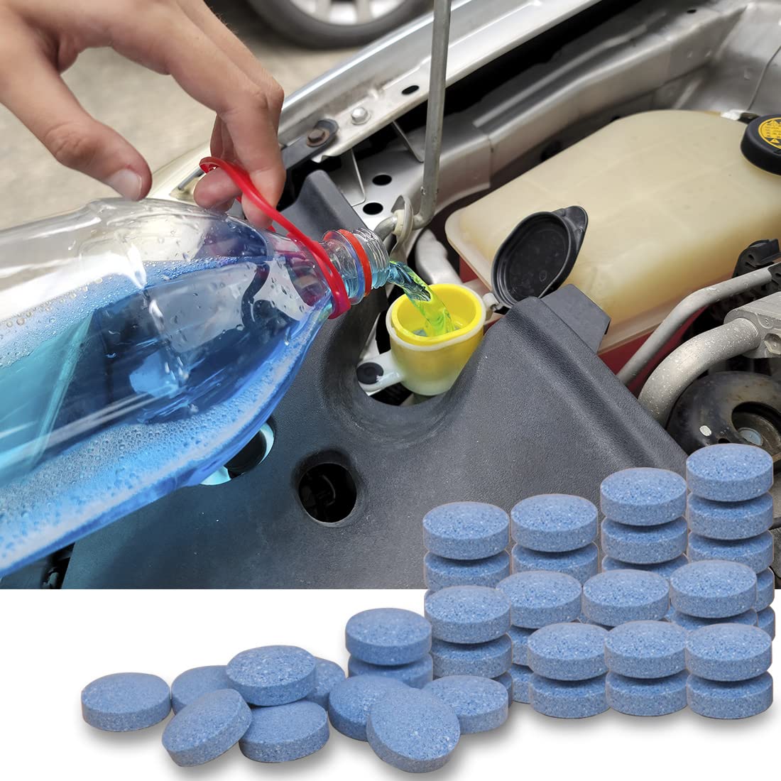 100 Pieces Car windshield washer fluid Concentrated Clean Tablets,New Formula windshield wiper fluid Solid Effervescent Tablet.Remove glass stains,Clear vision(Use With De-icer or Methanol for Winter)