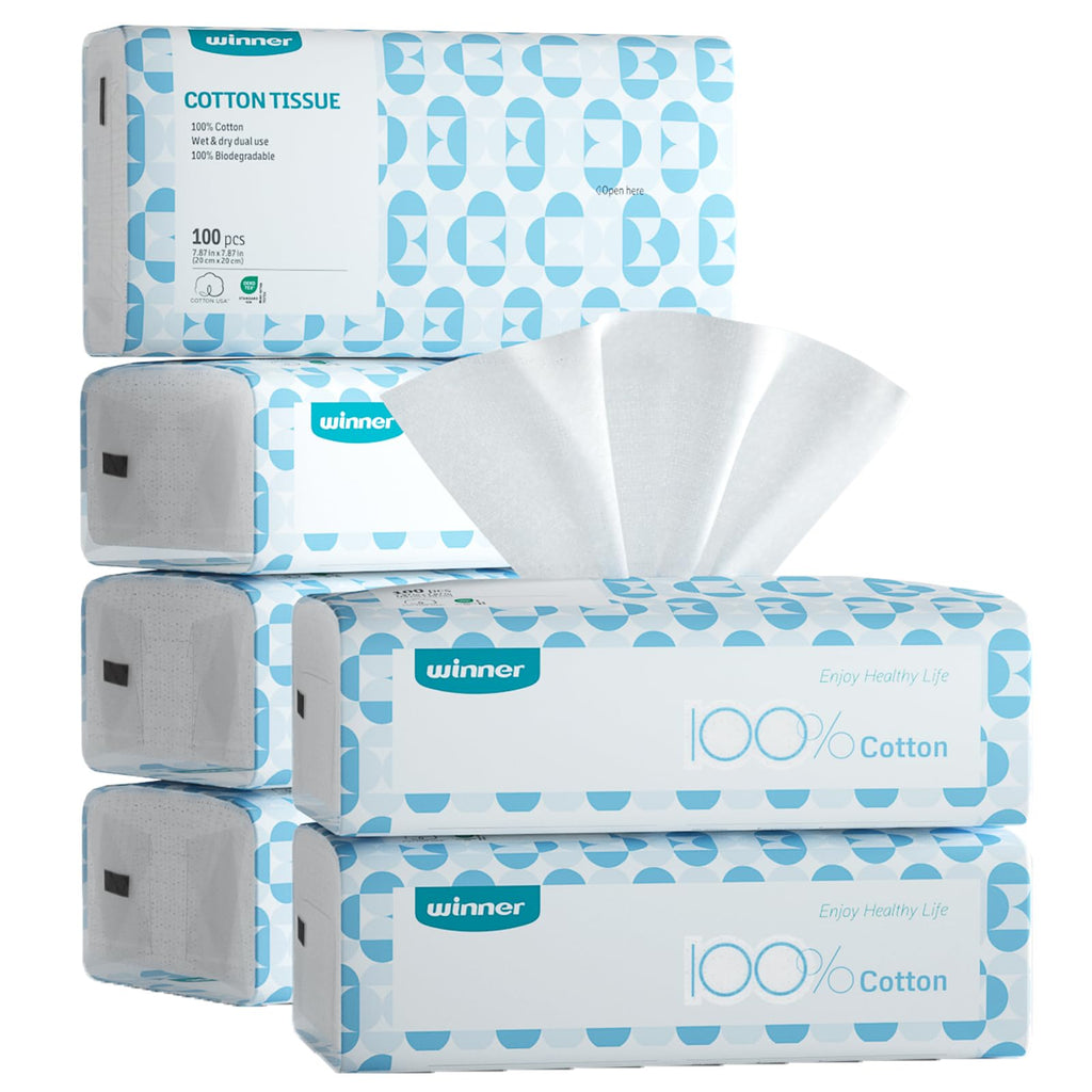 Winner Face Towels Soft Pack, 100% USDA Biobased Facial Towels, Unscented Cotton Tissues for Sensitive Skin, OEKO-TEX Certified Face Towelettes Disposable, Makeup Remover Dry Wipes, 100 Ct, 1 Pack