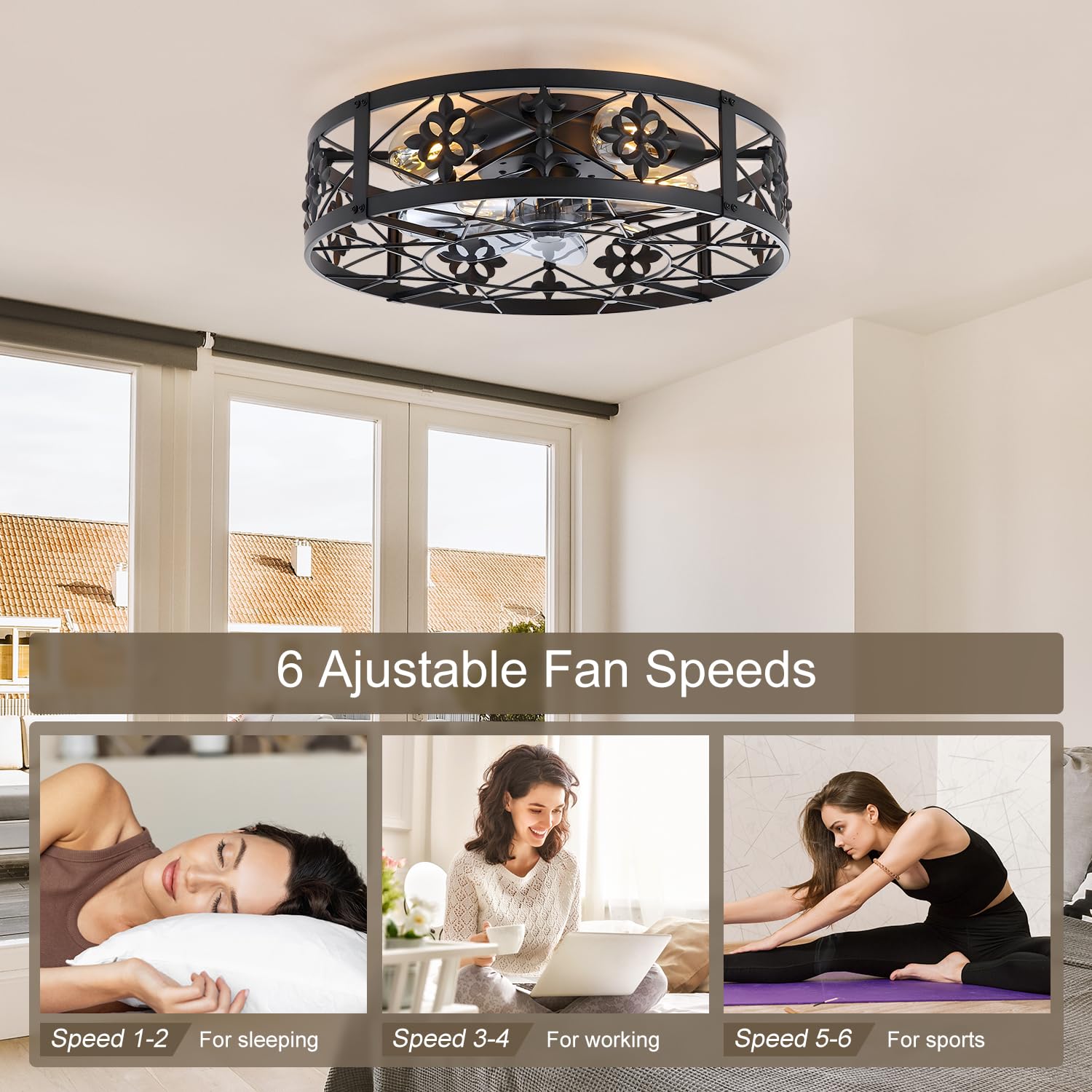 ZYD Caged Ceiling Fan with Light, 20" Ceiling Fan with Lights and Remote Flush Mount, Bladeless Caged Ceiling Fans with Lights, Matte Black Rustic Fan for Bedroom, Kitchen, Dining Room