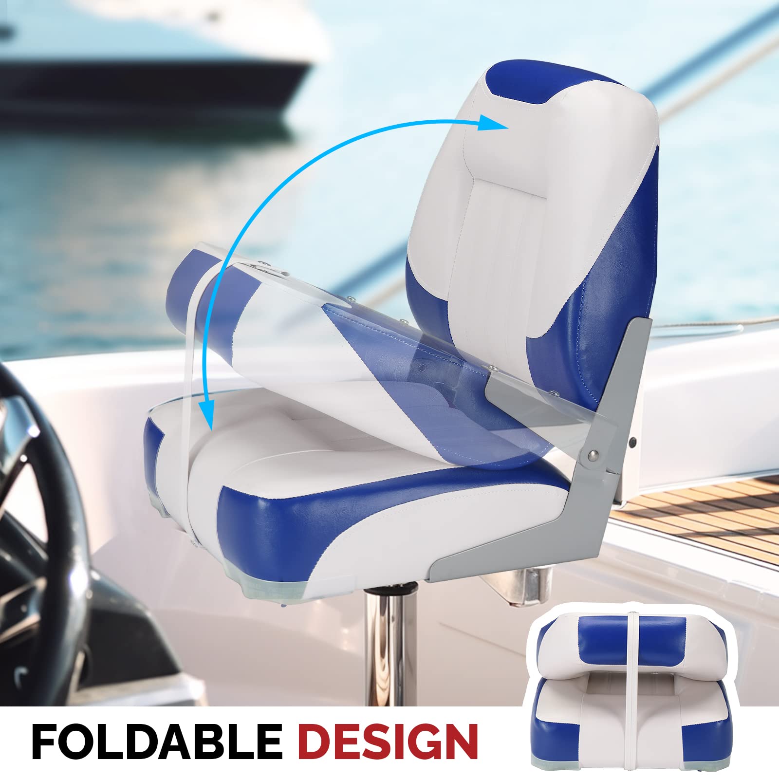 PEXMOR Boat Seats, Low/High Back, Folding, Waterproof, Captain Seat, 2 Packs (High Back-Blue & White)