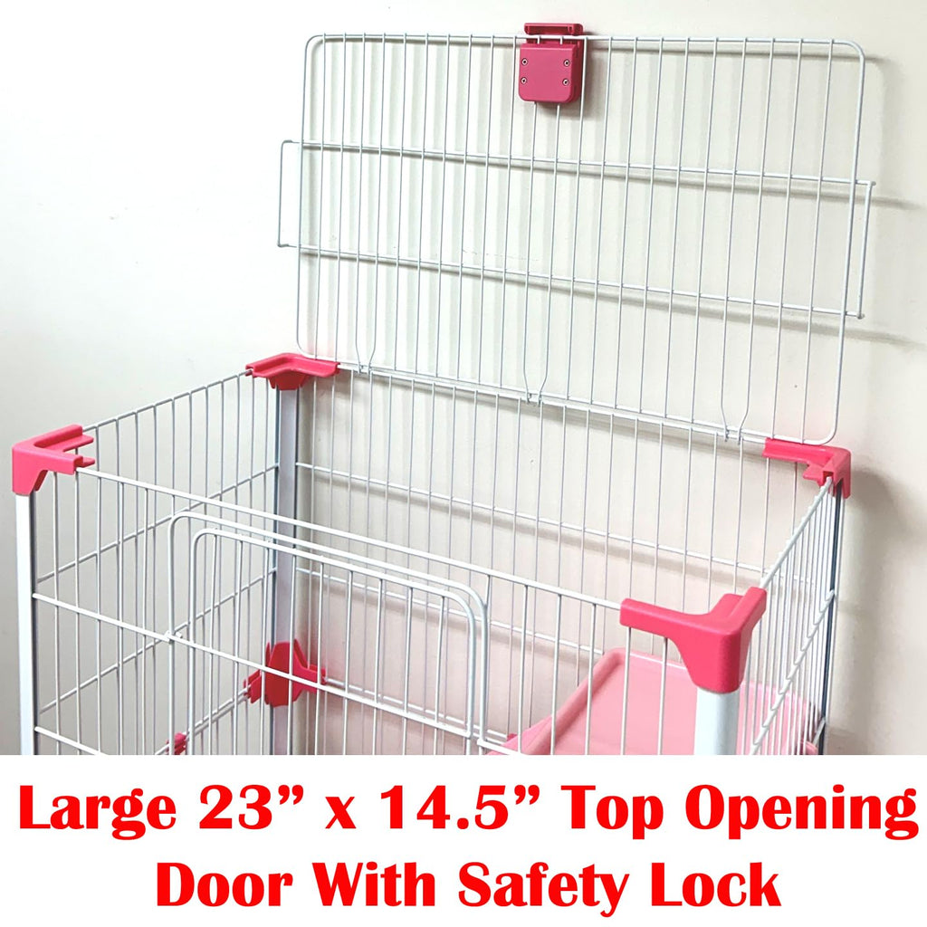 Deluxe 2-Level in/Outdoor Rabbit Hutch Cage for Ferret Squirrel Chinchilla Paw Safe Solid Platform Ramp Mesh Floor Pull Out Leakproof Easy Clean 2-Inch Deep Tray Large Access Doors Lockable Casters
