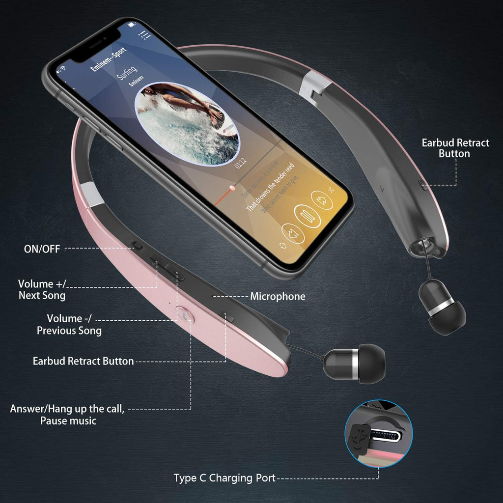 AMORNO Foldable Bluetooth Headphones Wireless Neckband Headset with Retractable Earbuds, Sports Sweatproof Noise Cancelling Stereo Earphones with Mic