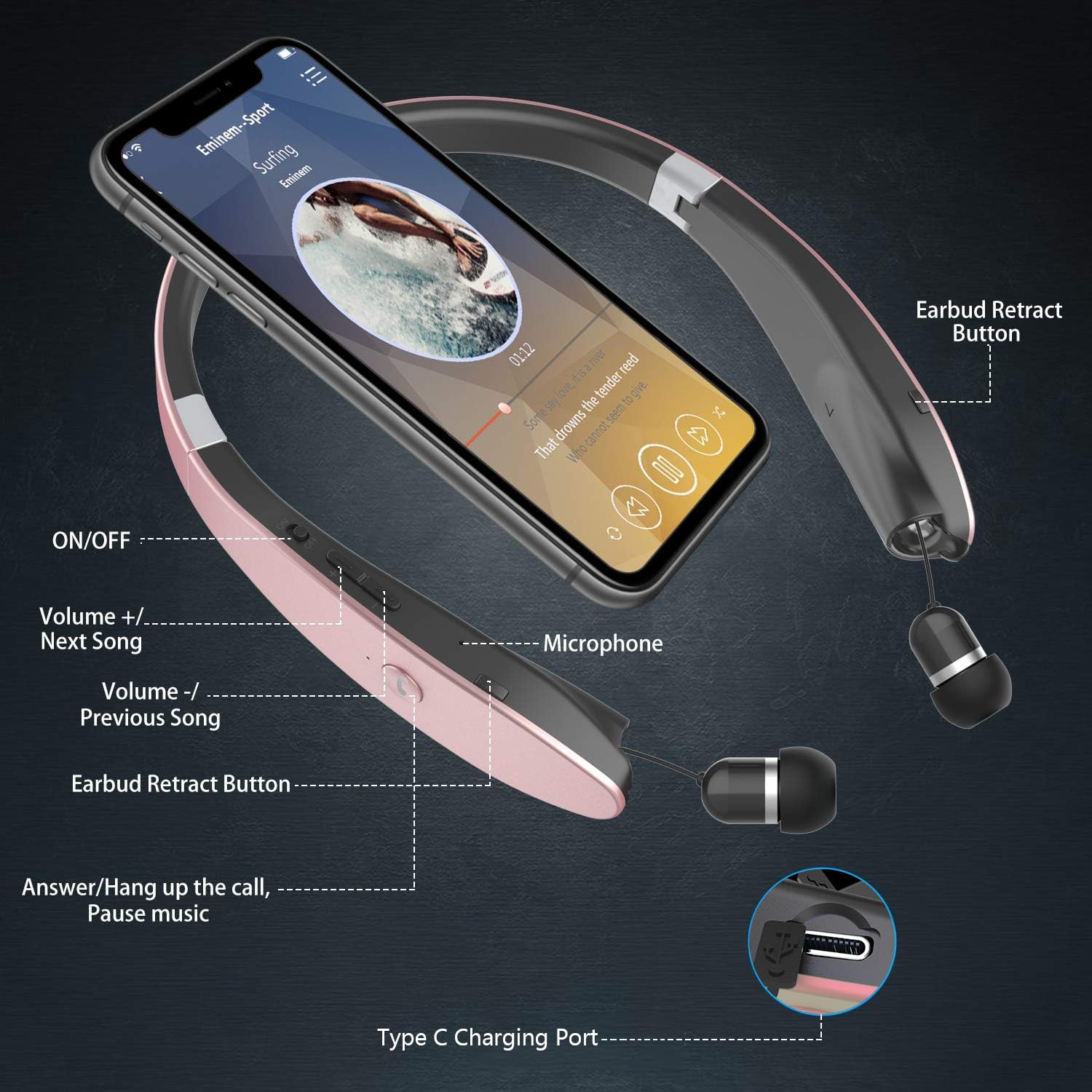 AMORNO Foldable Bluetooth Headphones Wireless Neckband Headset with Retractable Earbuds, Sports Sweatproof Noise Cancelling Stereo Earphones with Mic