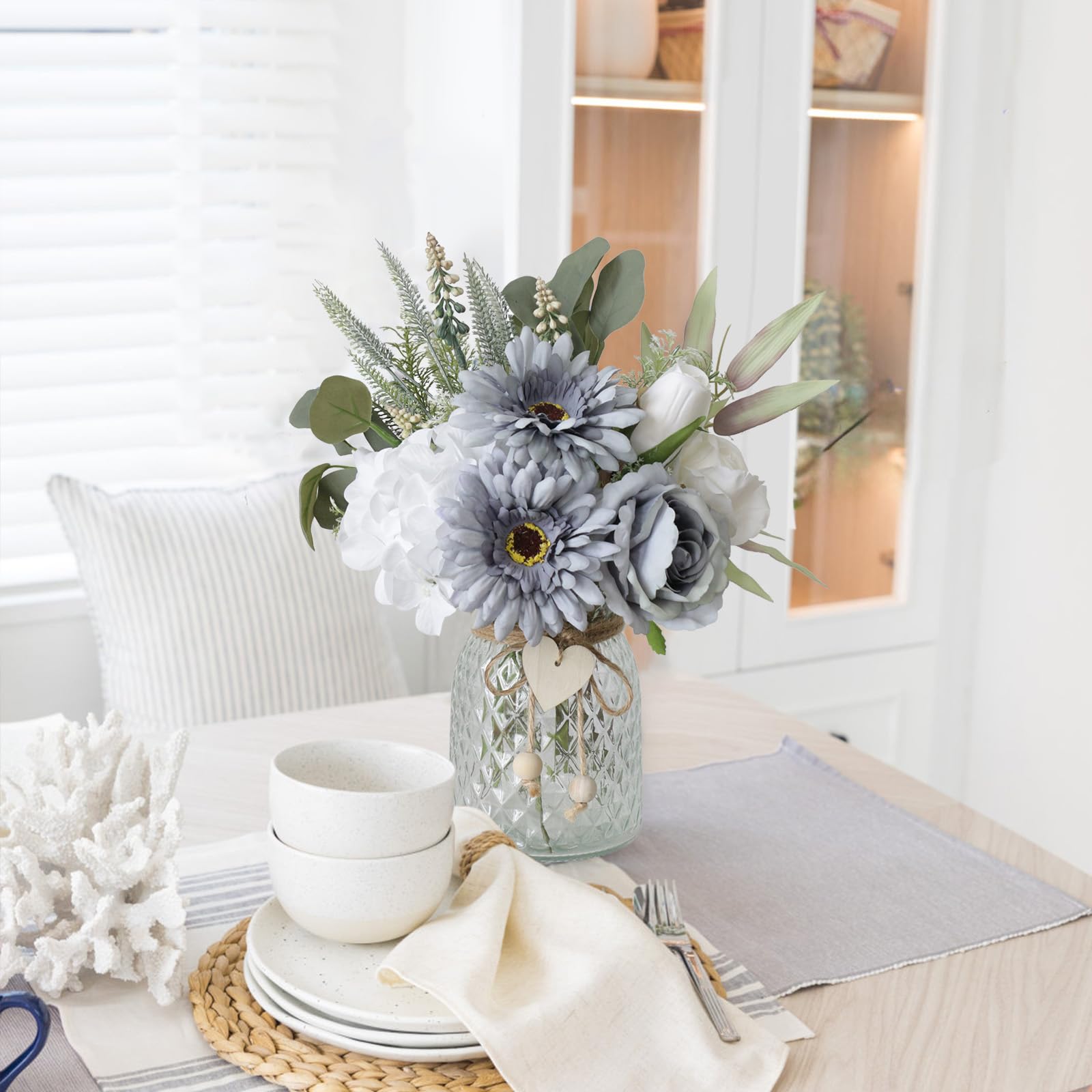 Leftover Fake Flowers in Vase,Faux Flowers in Vase,Table Centerpieces for Dining Room,Flower Centerpieces for Tables,Artificial Flowers,Kitchen Decor,Coffee Table Decor