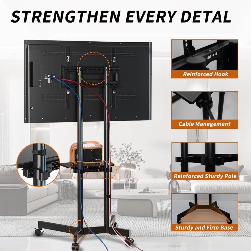 Solid Grace Rolling TV Stand with Power Outlet for 32-75 Inch TVs up to 88lbs, Portable TV Stand with Shelf, Mobile TV Cart for Living Room, Office, Meeting Room, Outdoor(with Power Outlet+Shelf)