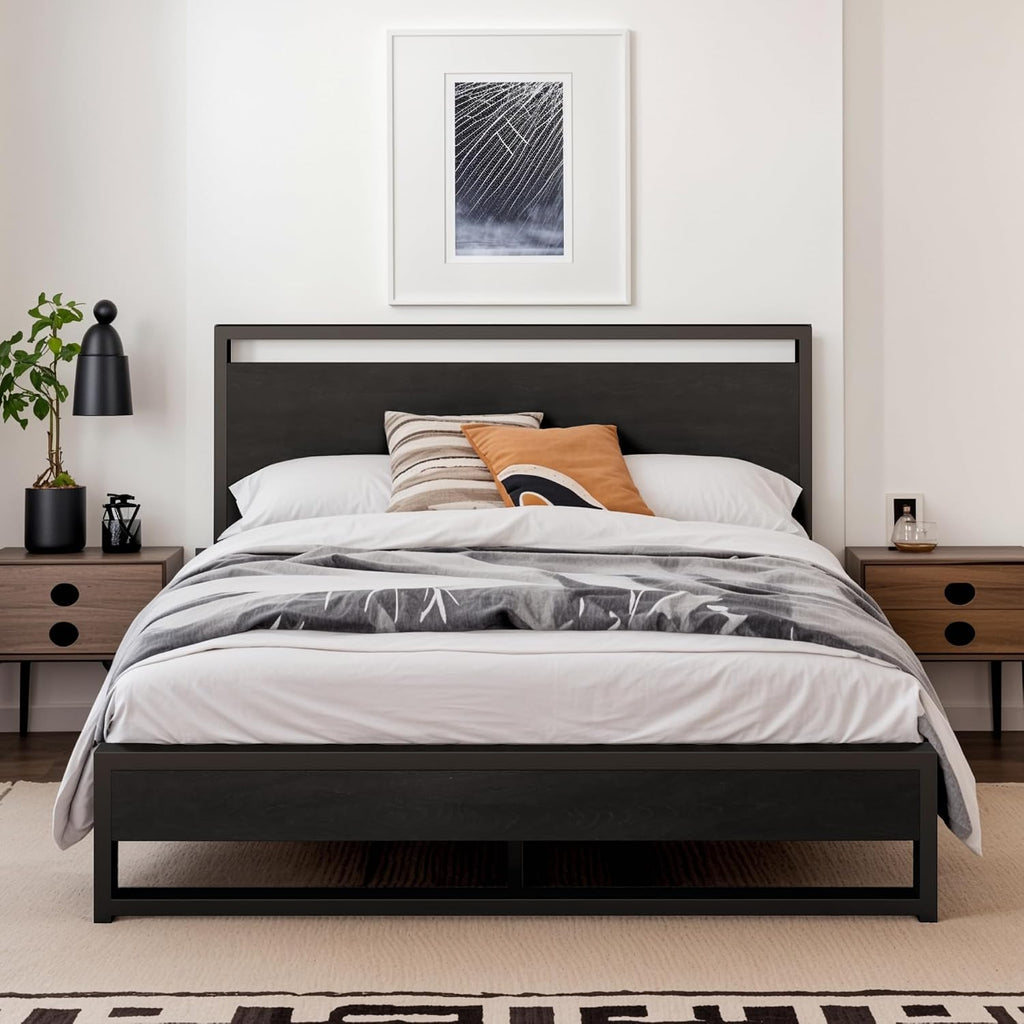 SHA CERLIN Full Size Bed Frame with Wooden Headboard,Heavy Duty Metal Slats Support Platform,No Box Spring Needed,Modern Black