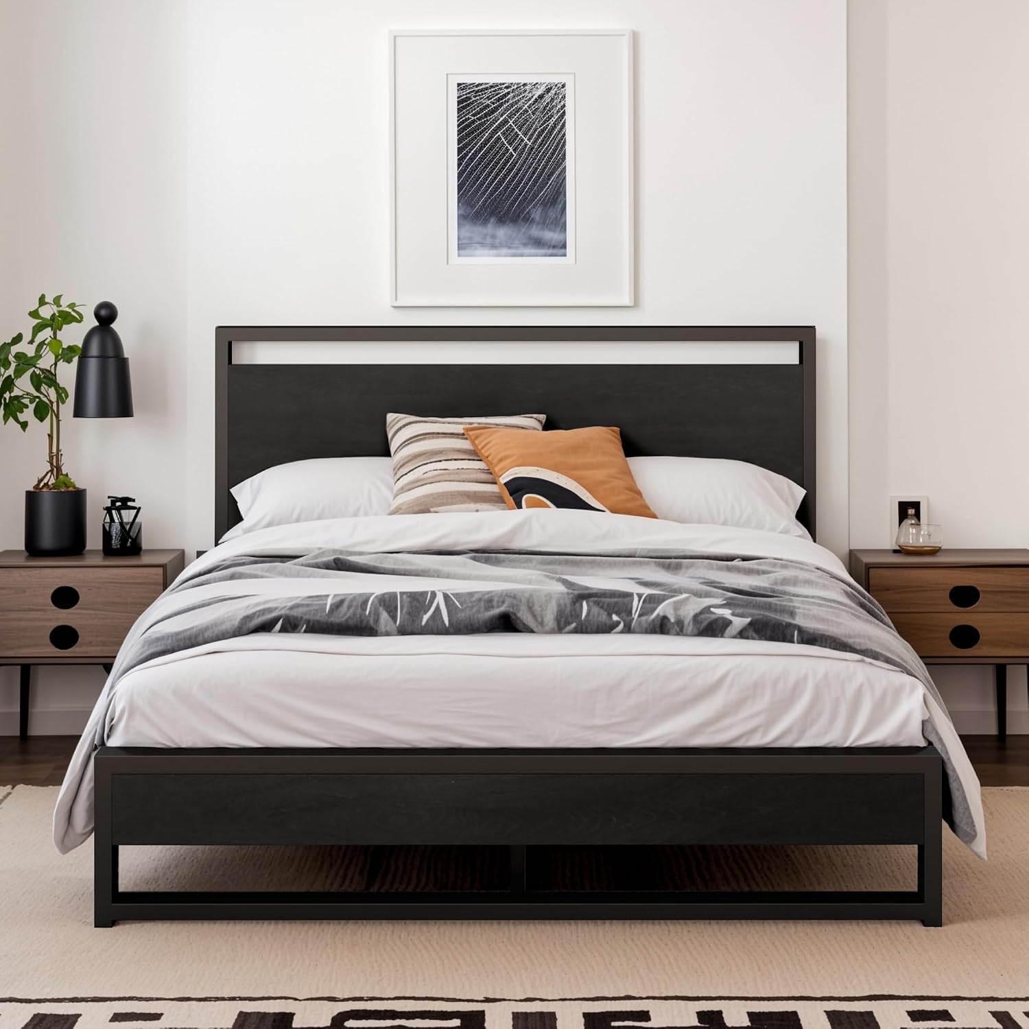 SHA CERLIN Full Size Bed Frame with Wooden Headboard,Heavy Duty Metal Slats Support Platform,No Box Spring Needed,Modern Black