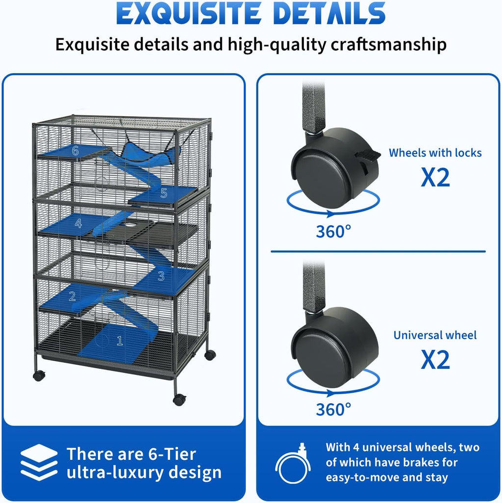 Metal Small Animal Cage 6-Tier Ferret Sugar Glider Cage for Chinchillas/Guinea Pig/Rabbit/Large Hamste Rolling Critter Nation Cage with Flannel ramps, Removable Tray,6 Doors Easy Clean