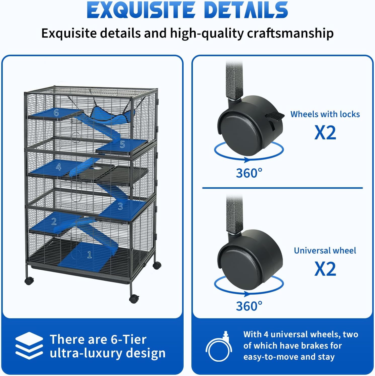 Metal Small Animal Cage 6-Tier Ferret Sugar Glider Cage for Chinchillas/Guinea Pig/Rabbit/Large Hamste Rolling Critter Nation Cage with Flannel ramps, Removable Tray,6 Doors Easy Clean