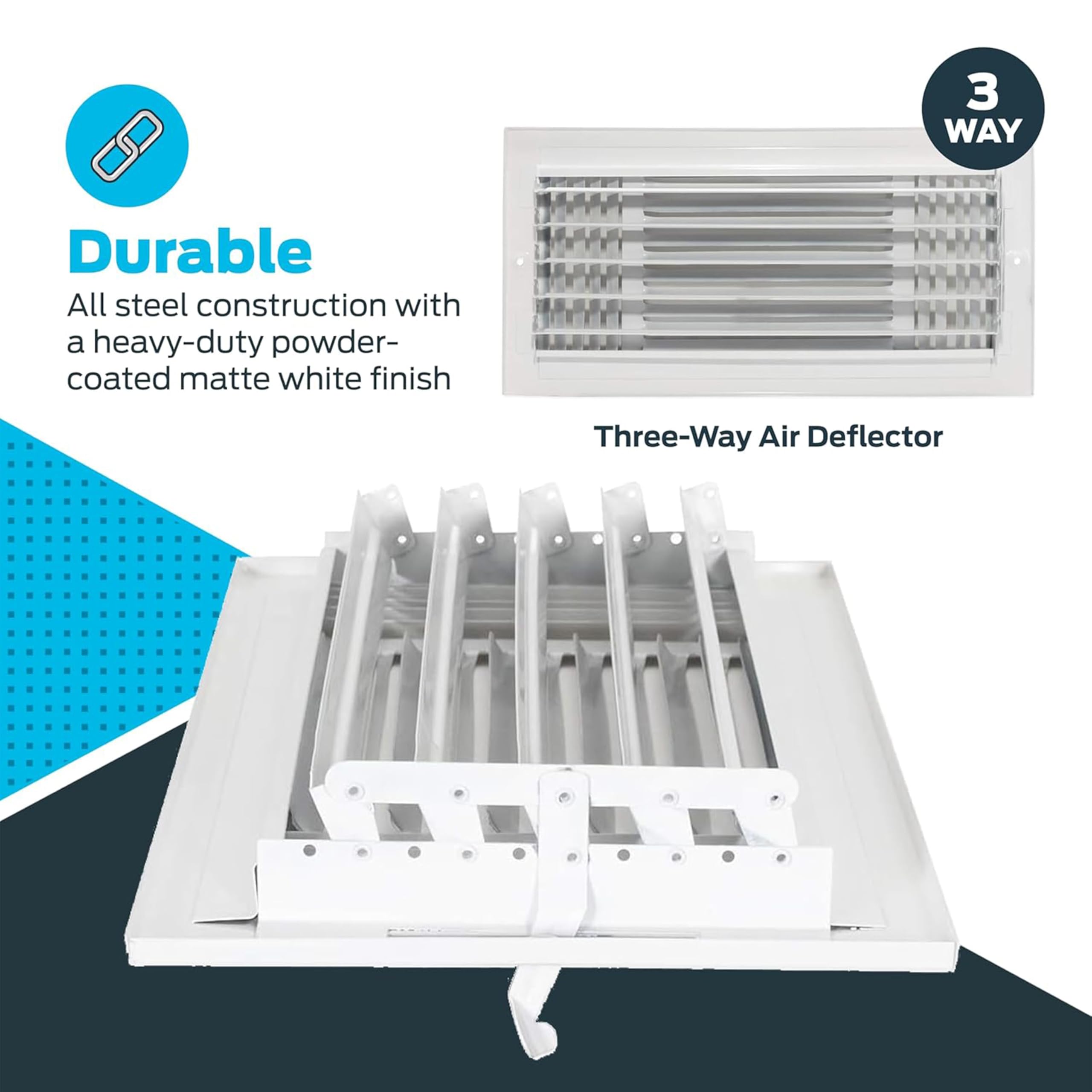 EZ-FLO 8 x 4 Inch Three-Way Ventilation Steel Sidewall/Ceiling Register, Steel Duct Opening, 61658