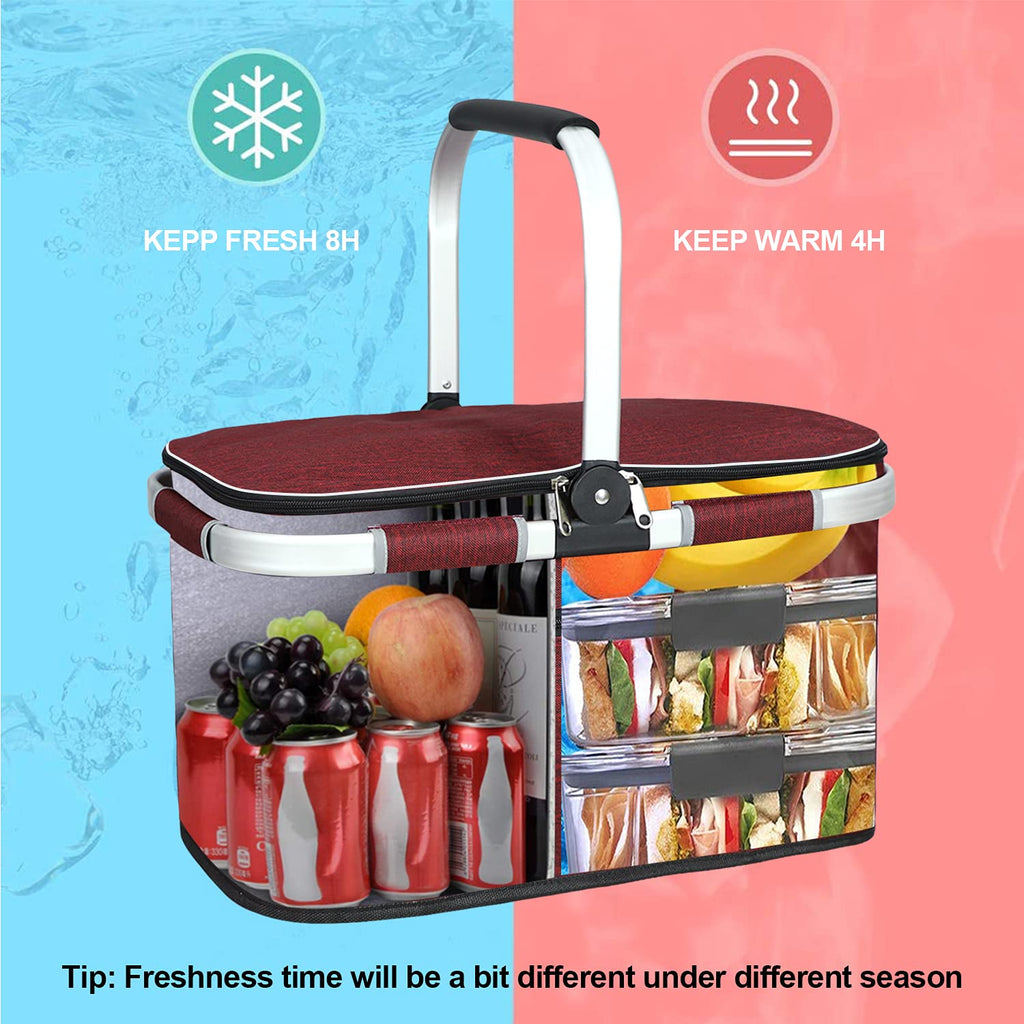 LIQING 35L Large Picnic Basket 2 Layers of Internal Pockets Leak-Proof and Insulated ，Folding with Internal Support for enhansed Stability, Wedding Gifts for Couple(Black)
