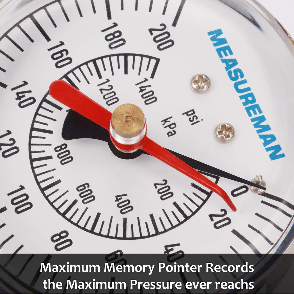 MEASUREMAN 2" Water Pressure Test Gauge, 3/4" Female Hose Thread, 0-200 psi/kpa with Maximum Pressure Memory (Pack of 2)
