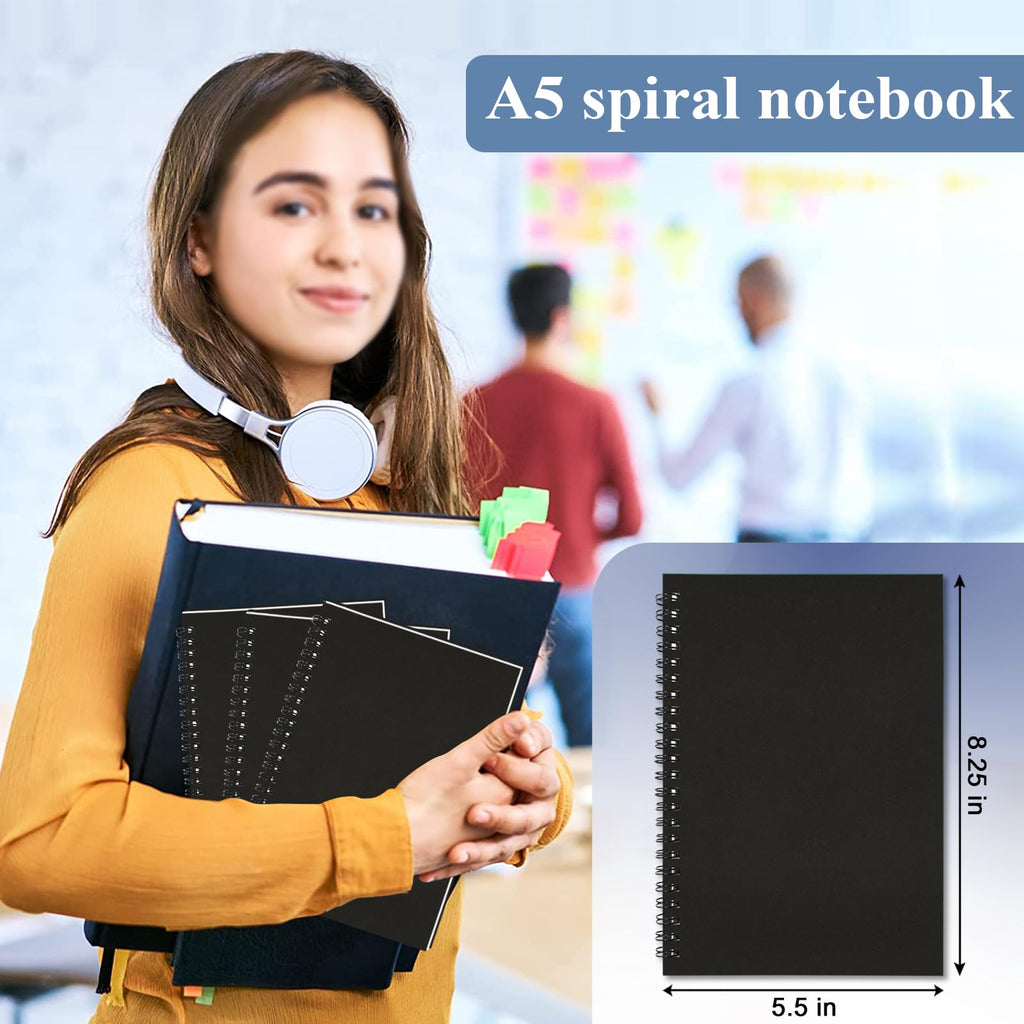 4Pack Small Spiral Notebook A5, 8.25x5.5” 120 Lined Pages Black & Red Wide Ruled Spiral Journal Bulk Blank Kraft Cover Spiral Bound Notebook & Writing Pads for Home Office Meeting Work Note Taking
