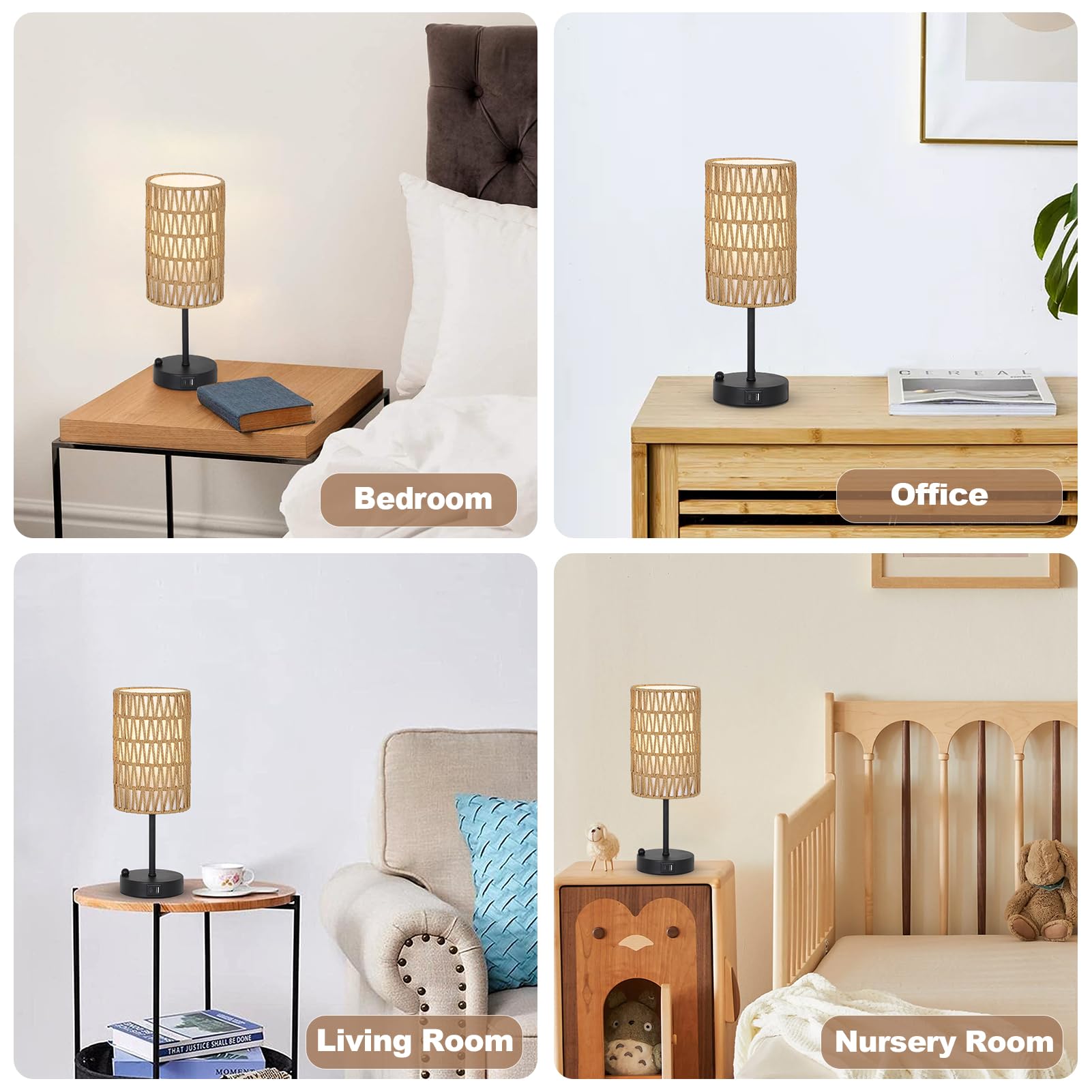 Rattan Bedside Table Lamps Set of 2 - Boho Lamps With 3 Color Temperatures & USB AC Port, Pull Chain Table Lamp For Bedroom, Cute Small Lamp For Nightstand Office Desk Bed Side End Table Living Room