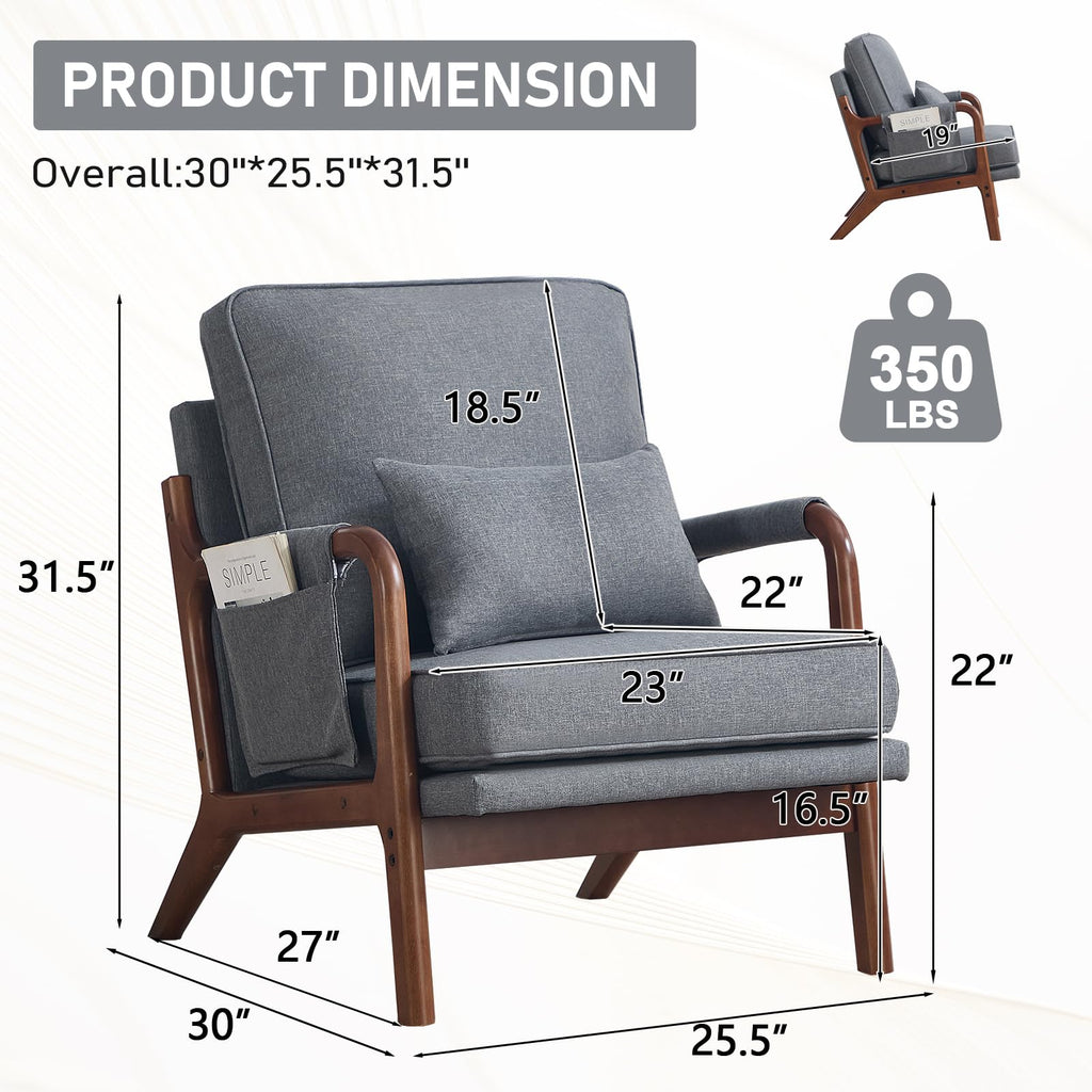 ANJ Mid Century Modern Accent Chair, Comfy Fabric Living Room Chairs with Solid Wood Frame, Lounge Reading Armchair, Easy Assembly, Beige