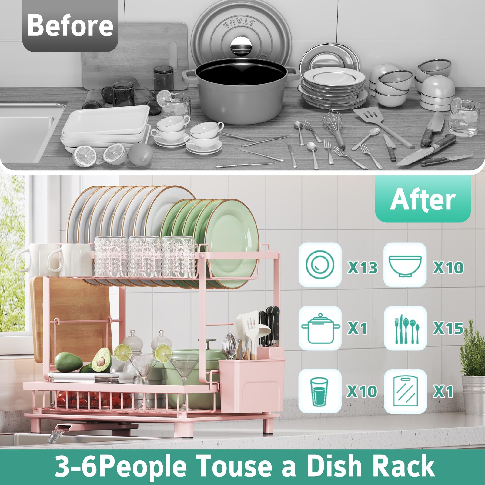 Dish Drying Rack, 2 Tier Space-Saving Dish Rack, Multifunctional Dish Drainer for Kitchen Counter with Drainboard/Utensil/Cup Holder Rustproof Carbon Steel, Black