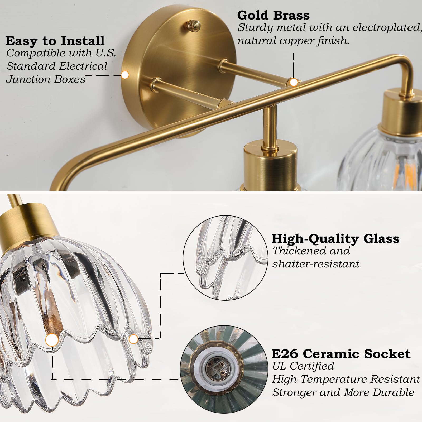 1-Light Gold Brass Bathroom Light Fixture,Wall Sconces set of 2,Brushed Gold Vanlity Light Over Mirror,Bathroom Vanity Light with White Tulip Glass Flower Shade,E26 Socket(Bulbs Not Included)