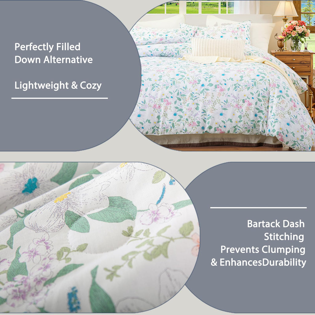 100% Natural Cotton Comforter Set Queen 3 Pcs Grayish Blue Bedding Sets with Luxurious Damask Pattern, Reversible Breathable Soft Comforter Sets for All Season