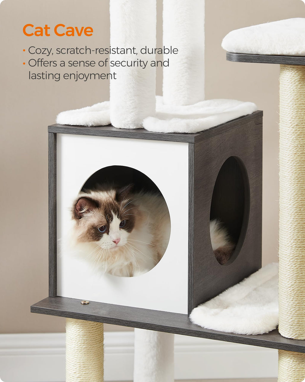 Feandrea Cat Tree, 65-Inch Modern Cat Tower for Indoor Cats, Multi-Level Cat Condo with 5 Scratching Posts, Perch, Washable Removable Cushions, Cat Furniture, Cloud White UPCT166W01