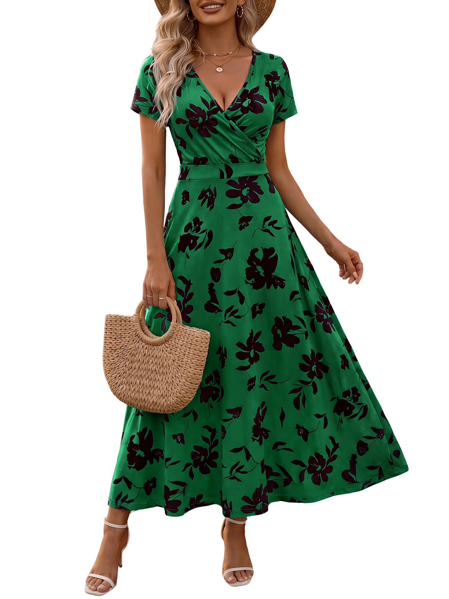 HUHOT Women's Short Sleeve Wrap V Neck Dresses for Wedding Guest Summer Floral Maxi Sundresses with Pockets Boho Dress