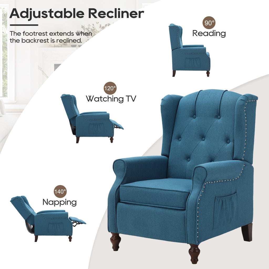 Wingback Chair with Massage and Heat, Tufted Fabric Pushback Recliner Chair, Wingback Recliner Chair with Remote Control, Padded Cushion, Wooden Legs, Small Recliners for Small Spaces