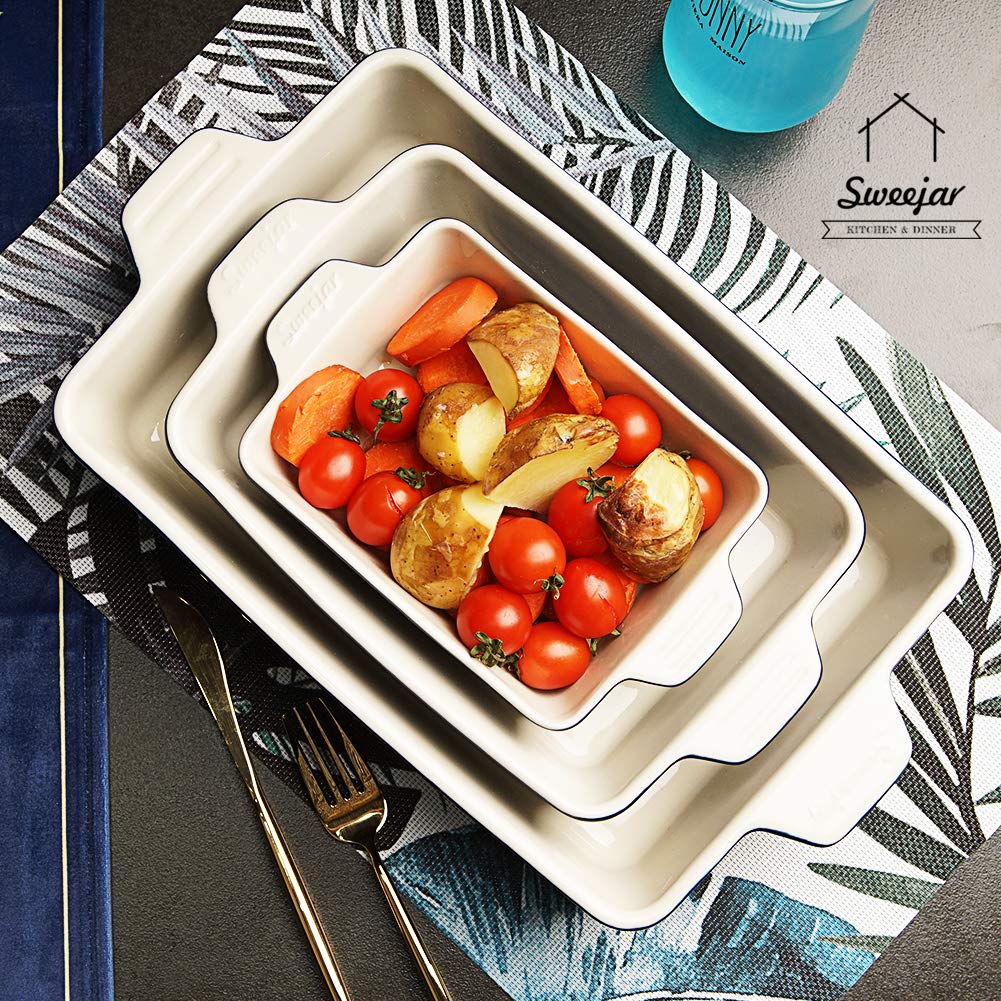 Sweejar Ceramic Bakeware Set, Rectangular Baking Dish for Oven Lasagna Pans for Cooking, Kitchen, Cake Dinner, Banquet and Daily Use, 11.8 x 7.8 x 2.76 Inches of Casserole Dishes (Beige)