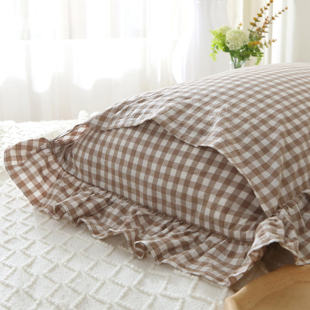 Silnuo Green/White Plaid Ruffled Queen Size Pillow Shams Set of 2,Washed Cotton Shabby Checkered Gingham Farmhouse Bed Pillow Covers 20"x30"
