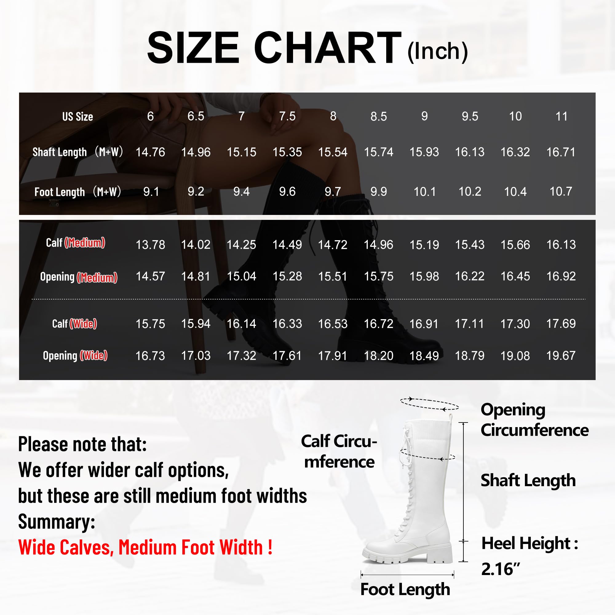 Jeossy Women's Knee High Combat 9603 Boots, Tall Platform Chunky Heel Boots Wide Claf