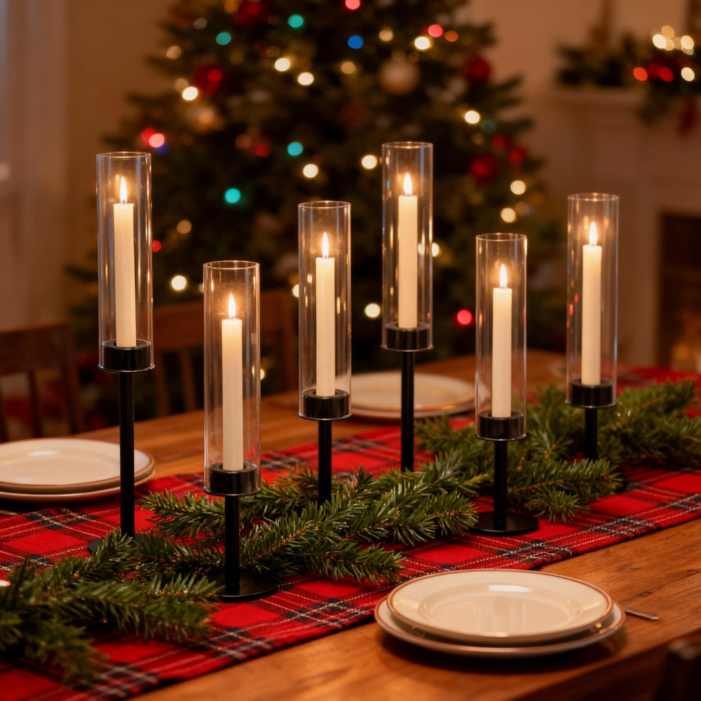 Black Hurricane Glass Candle Holders Set of 3, Tall Metal Taper Candle Stick Holder, Clear Candlestick Holders, Table Centerpieces Decor for Dining Dinner, Weddings, Christmas Fireplace Decorations