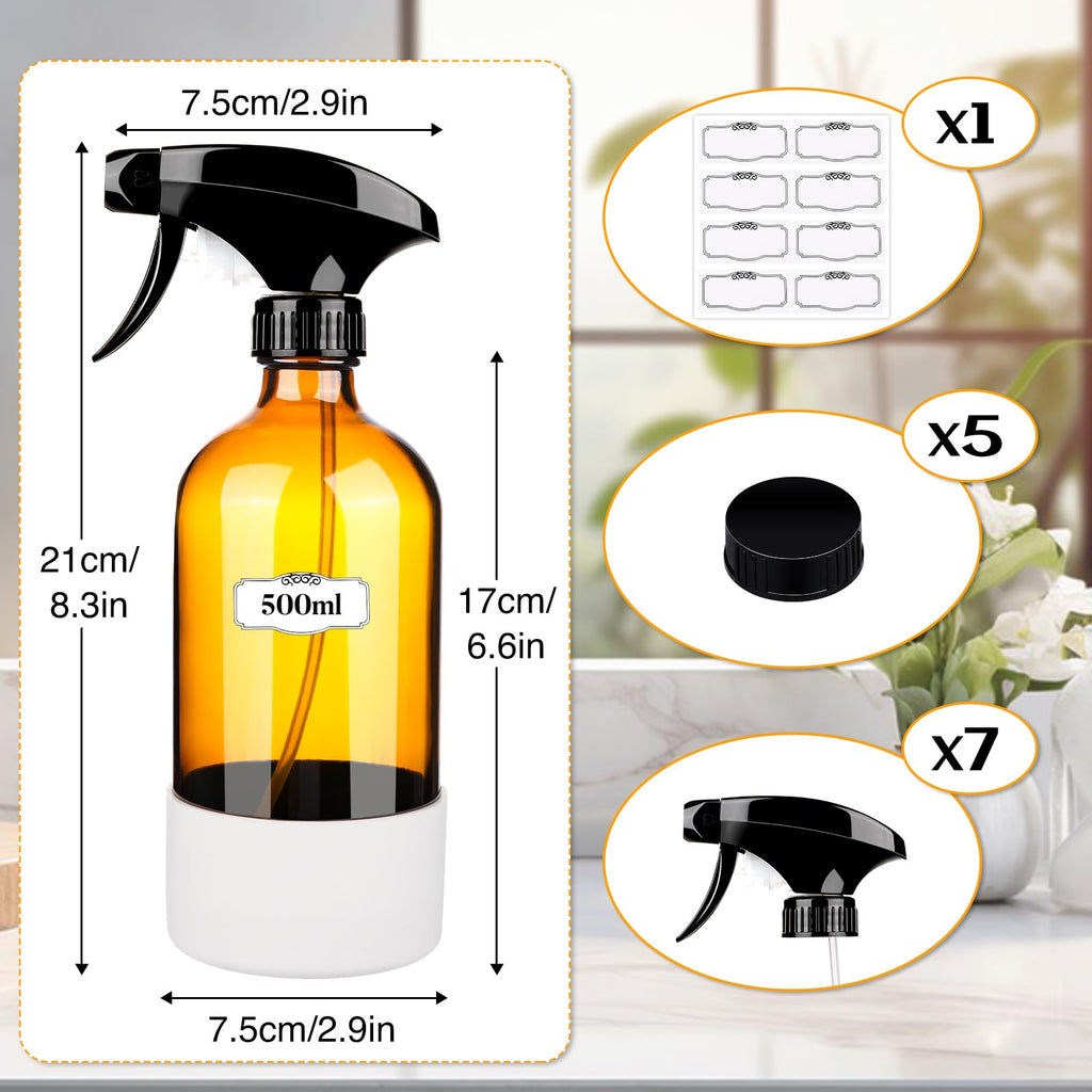 ZENOWICK 2 Pack/16 Oz Glass Spray Bottles, Refillable Empty Containers with Silicone Sleeve, Upgraded Adjustable Nozzle Spray Bottle Sets for Cleaning, Essential Oils, Hair (Amber)