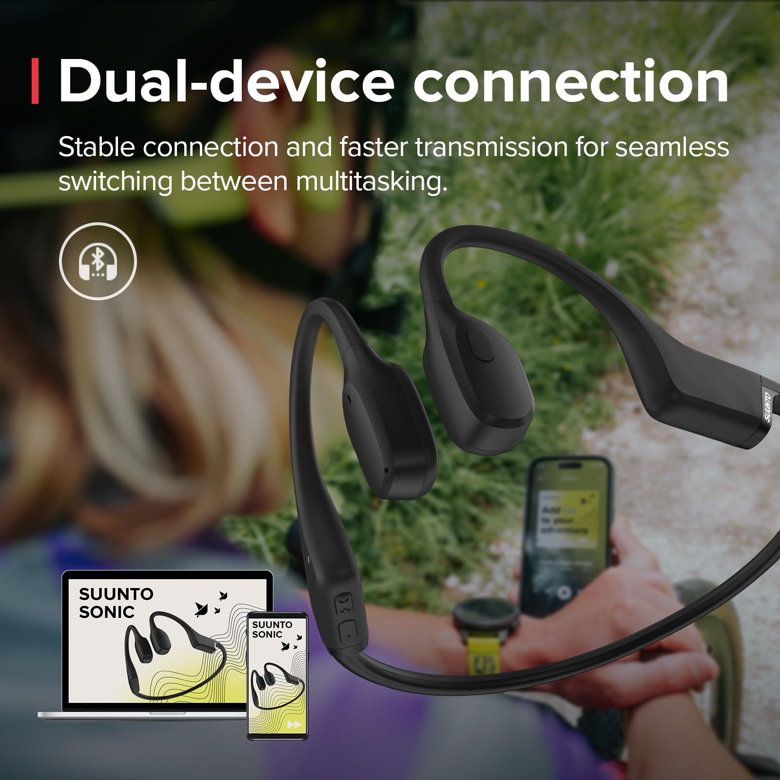 SUUNTO Sonic Open-Ear Bone Conduction Sports Headphone, Bluetooth Wireless Headset w/Enhanced Bass & Multipoint Connection, 10H Playtime w/Fast Charging, Built-in Dual Mics, Waterproof & Lightweight