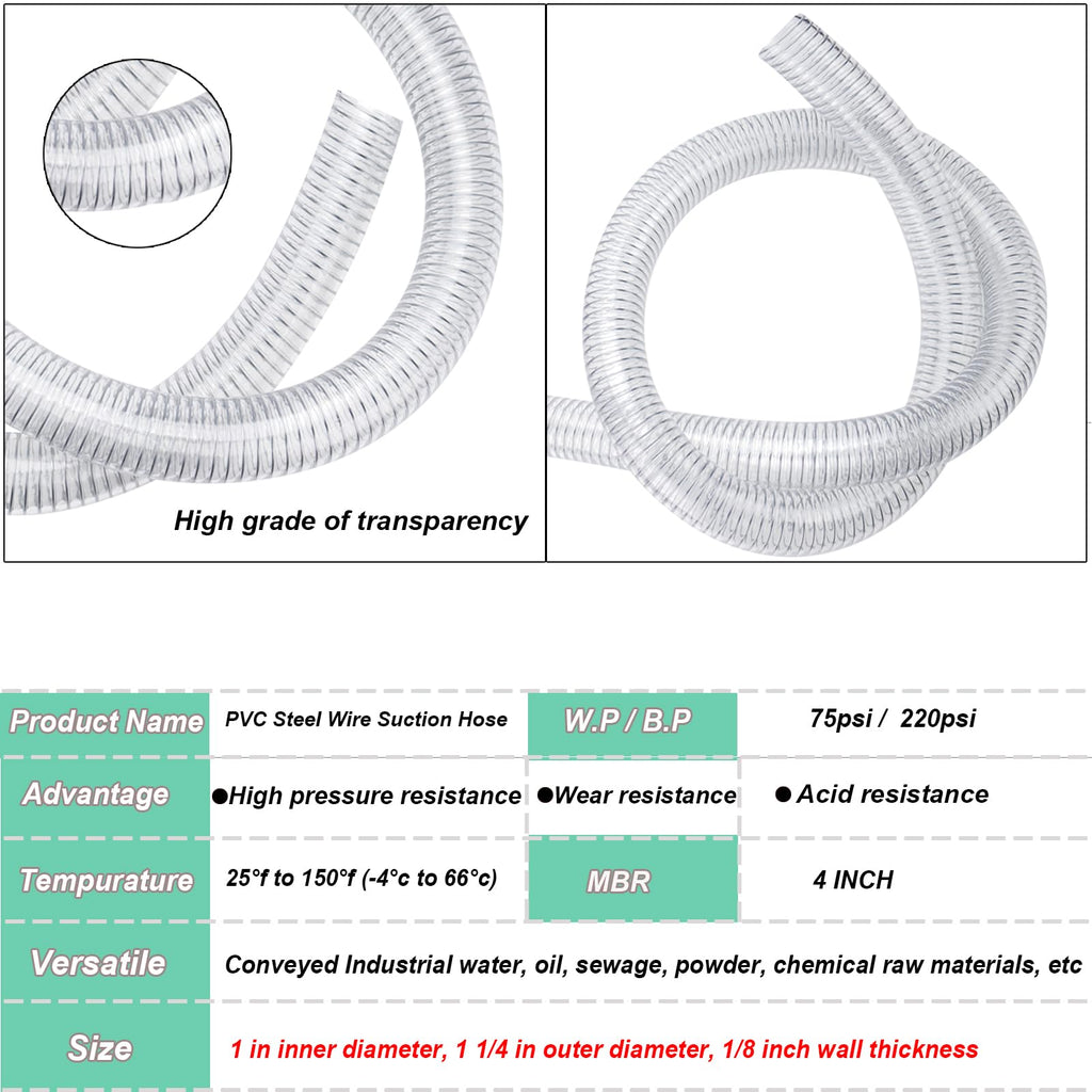 1"id-5ft PVC Reinforced Tubing Steel Wire Suction Flexible Hose Vinyl Tubing Heavy Duty PVC Vacuum Hose Drain Fuel Oil Gas Water for Marine Bilge Pump Pond Spa