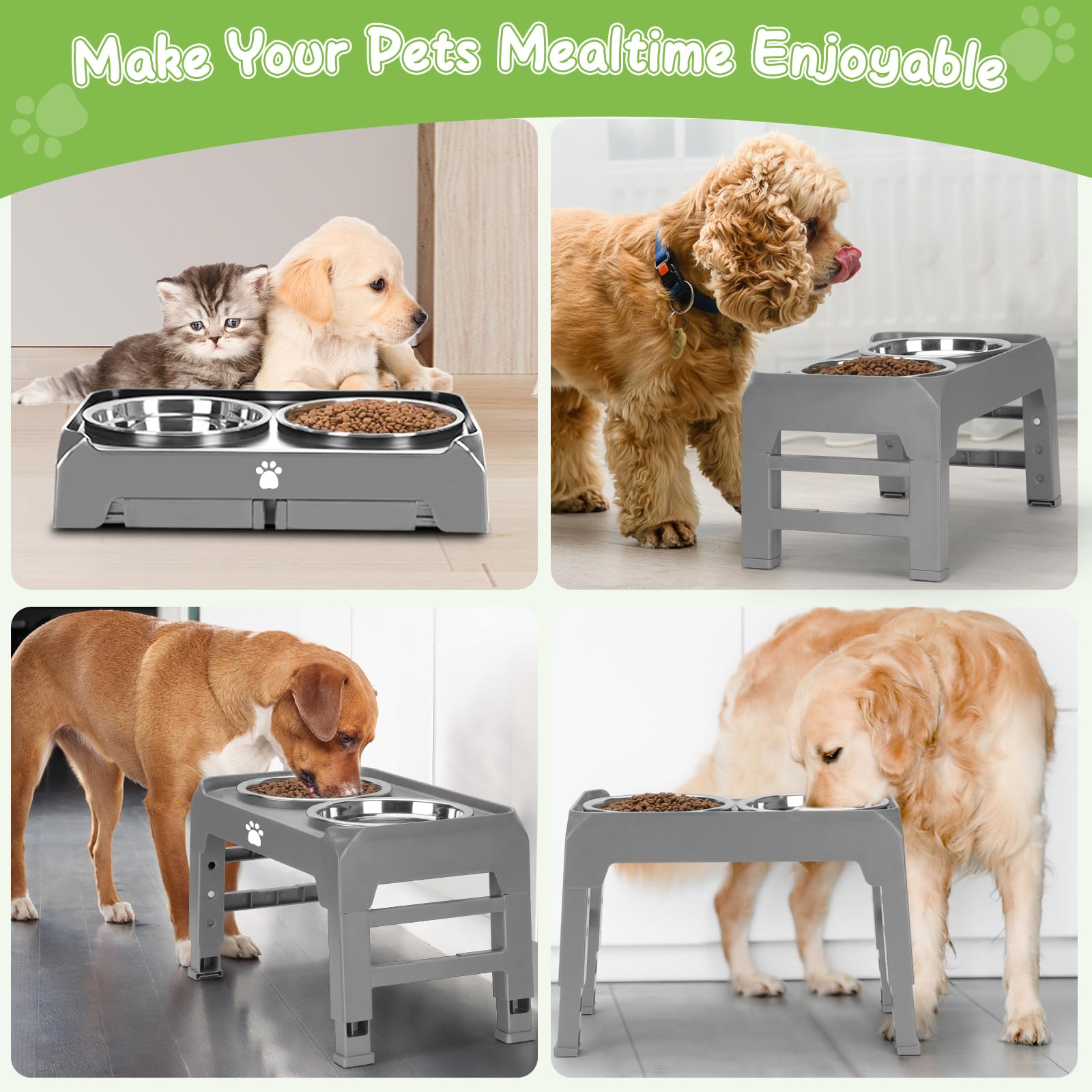 Elevated Dog Bowls 3 Height Adjustable Raised Bowl Stand with 25oz Stainless Steel Dog Food Bowls Anti-Slip for Small Dogs Adjusts to 7.5", 6", 2.75", Black