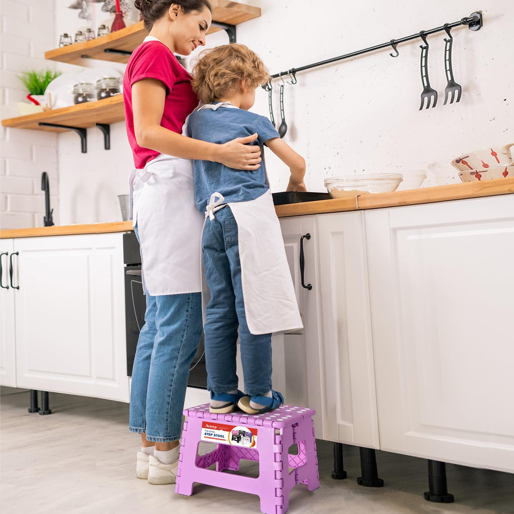 ACSTEP 9 Inch Folding Step Stool 300 LB Capacity Plastic Foldable Step Stools for Kids and Adults, Folding Stool Suitable for Kitchen, Stepping Stool with Handle Bicolor Green Small Step Stool 1PC
