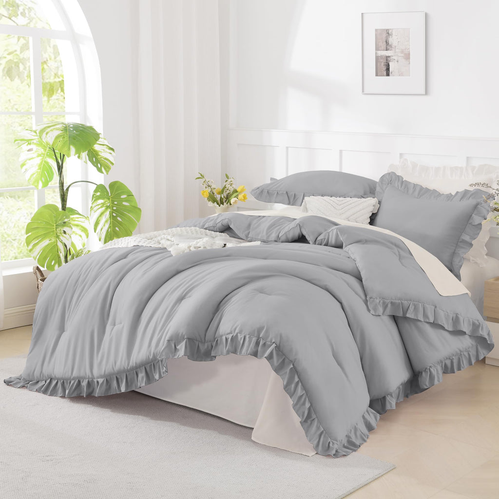 Andency Beige Twin Size Ruffle Comforter, 2 Pieces Farmhouse Shabby Classic Bed Set for Kids, Lighteweight Soft Polyester Bedding Set for Girls(1 Ruffle Comforter and 1 Pillowcase)