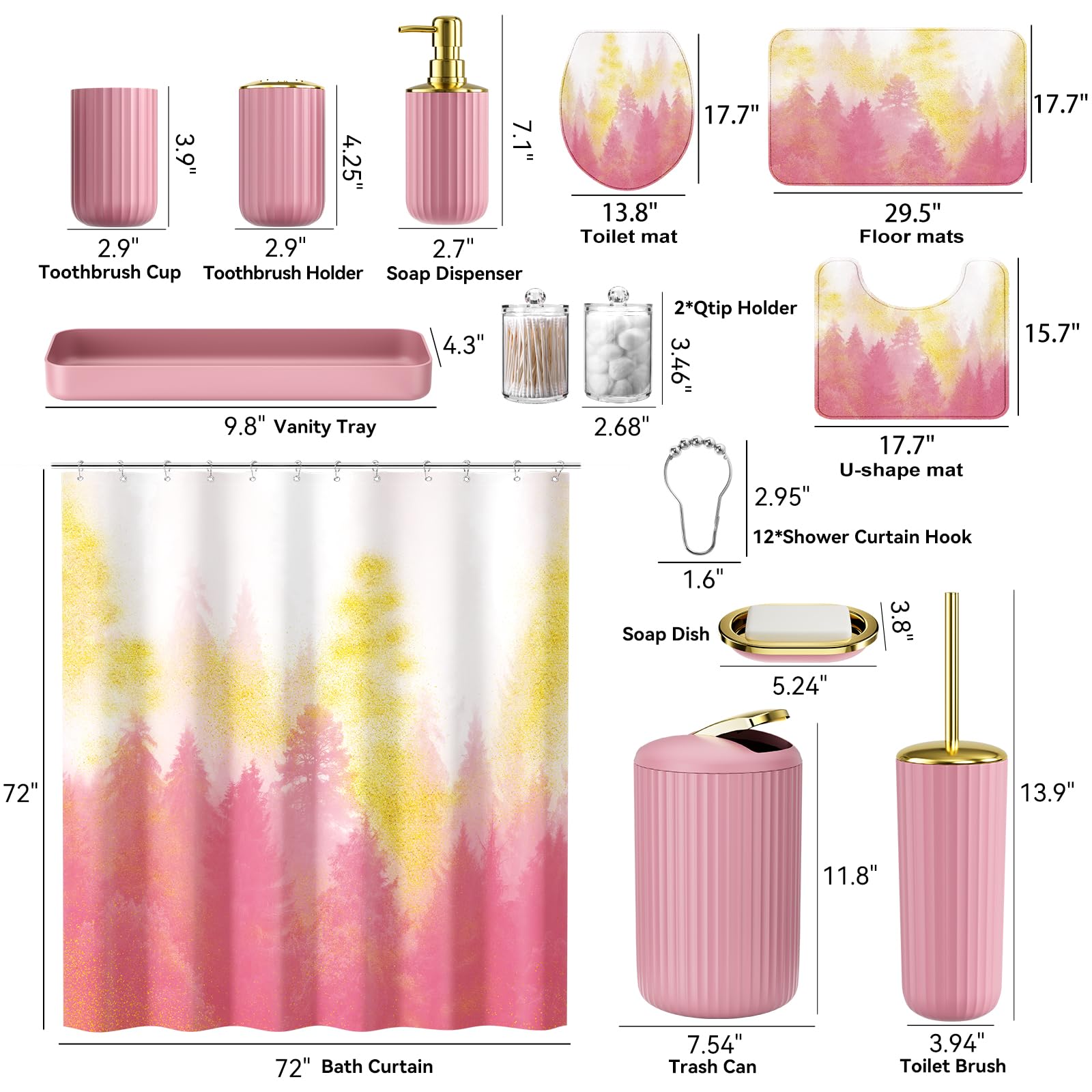 XLHOMO 24 PCS Black Bathroom Accessories Set with Shower Curtain and Rugs, Bathroom Decor Set with Trash Can, Toilet Brush, Soap Dispenser, Toothbrush Holder, Tumbler, Soap Dish and Jars