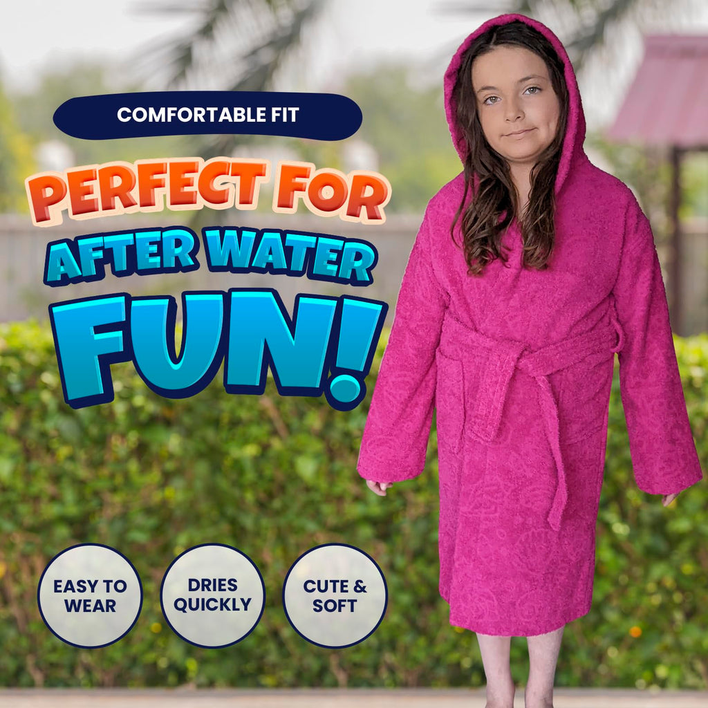 ALLEN & MATE 100% COTTON Hooded Kids Bathrobe – Soft, Medium Weight Absorbent Bath Towel Robe for Boys & Girls, 6-15 Years