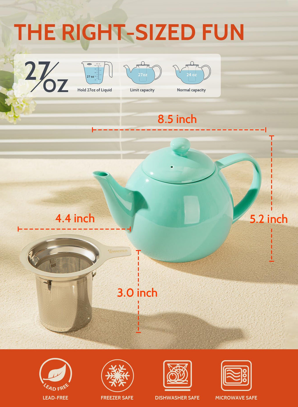 Sweese Porcelain Teapot 27 oz with Infuser for Loose Leaf Tea, Bluish Grey