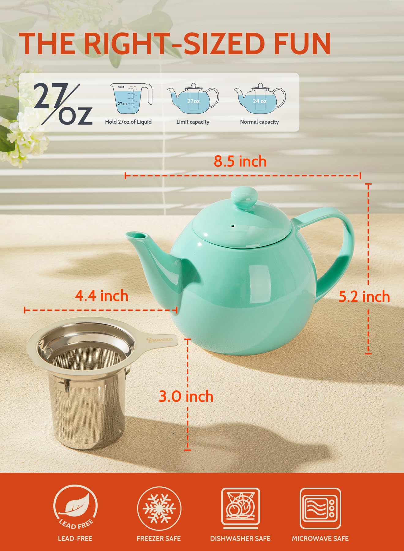 Sweese Porcelain Teapot 27 oz with Infuser for Loose Leaf Tea, Bluish Grey