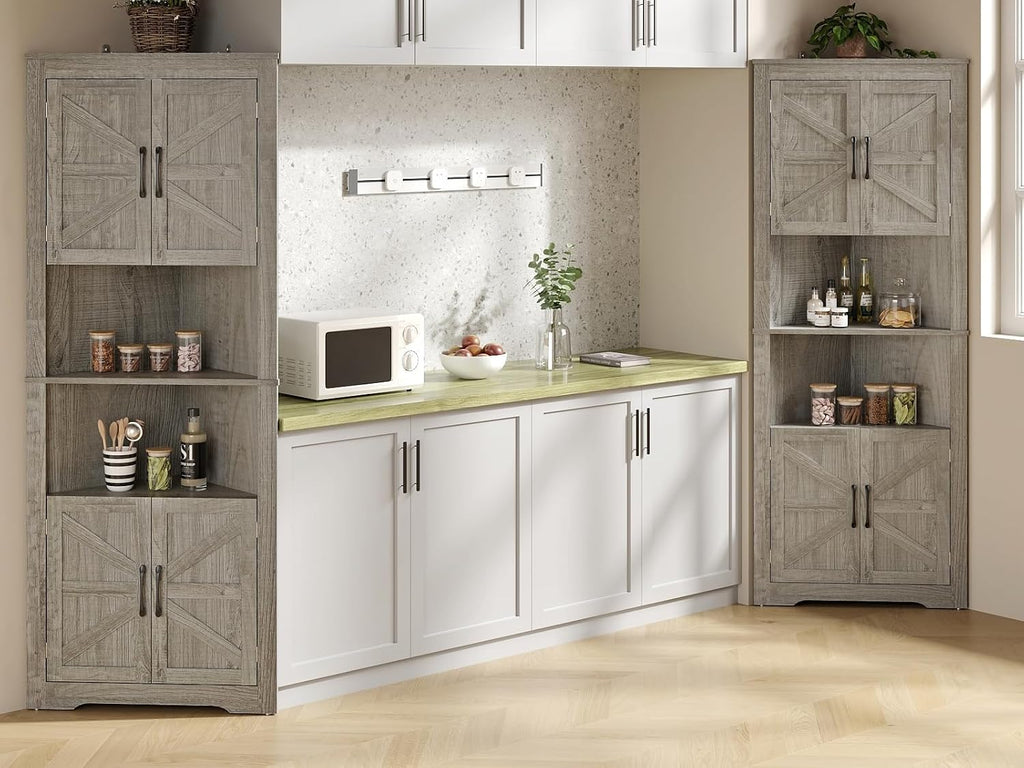 Corner Cabinet 67” Tall, Farmhouse Corner Storage Cabinet with Doors and 5 Shelves, Home Space Saver for Kitchen, Living Room, Gray