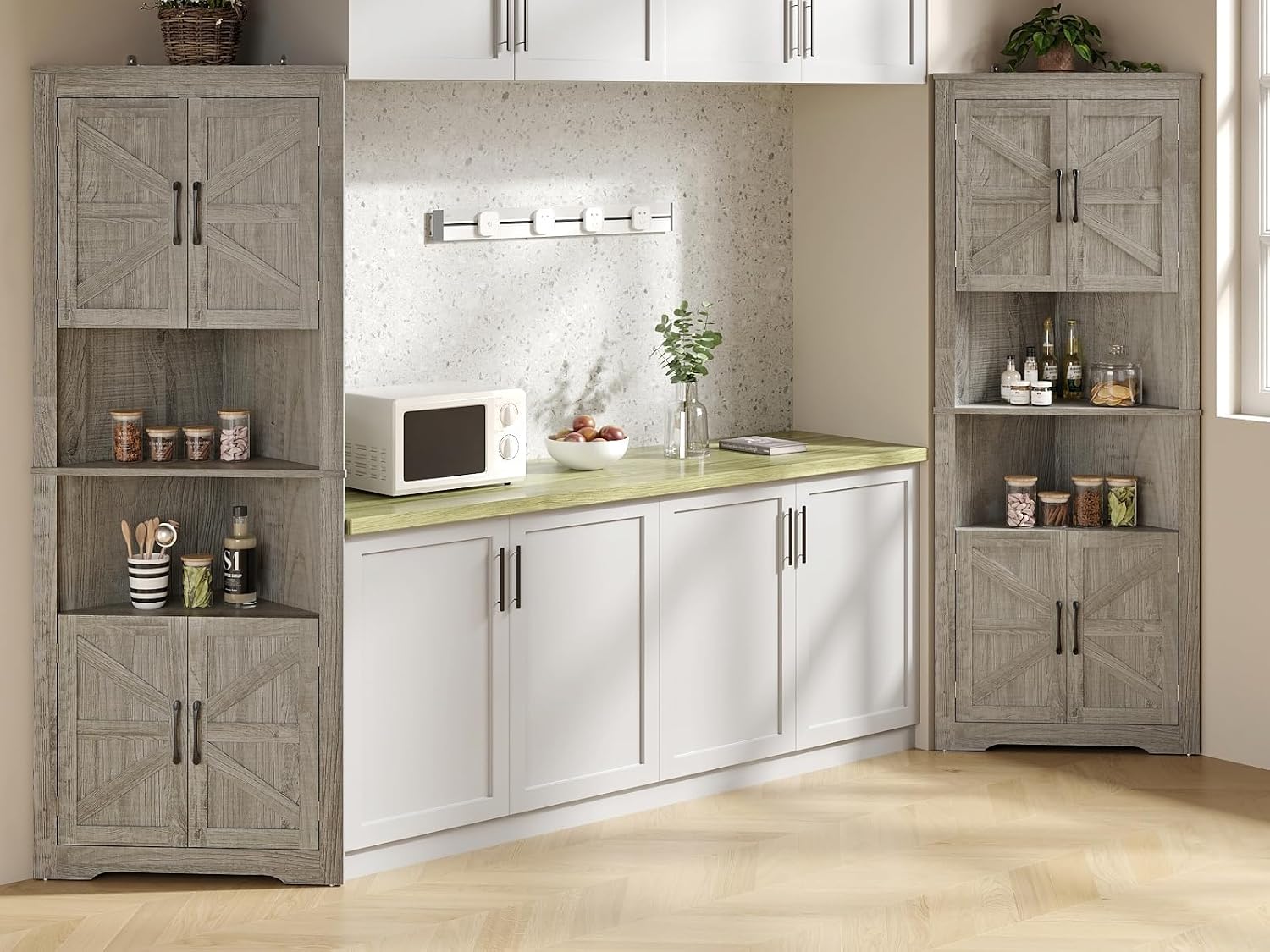 Corner Cabinet 67” Tall, Farmhouse Corner Storage Cabinet with Doors and 5 Shelves, Home Space Saver for Kitchen, Living Room, Gray