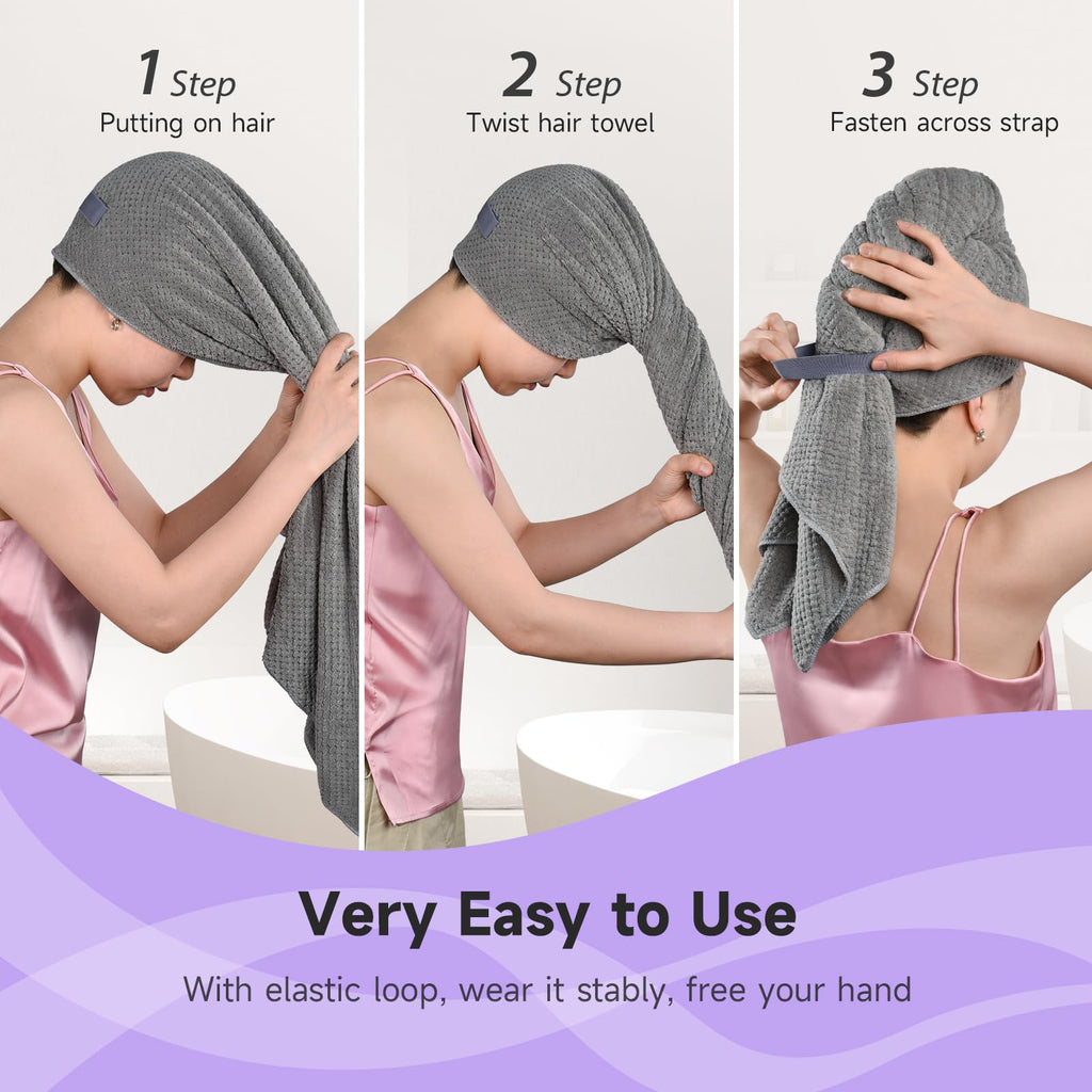Umisleep Extra Large Microfiber Hair Towel for Women Long, Curly, Thick Hair, Super Soft Anti Frizz Quick Dry Hair Towel Wrap, Ultra Absorbent Hair Turban with Elastic Band Grey