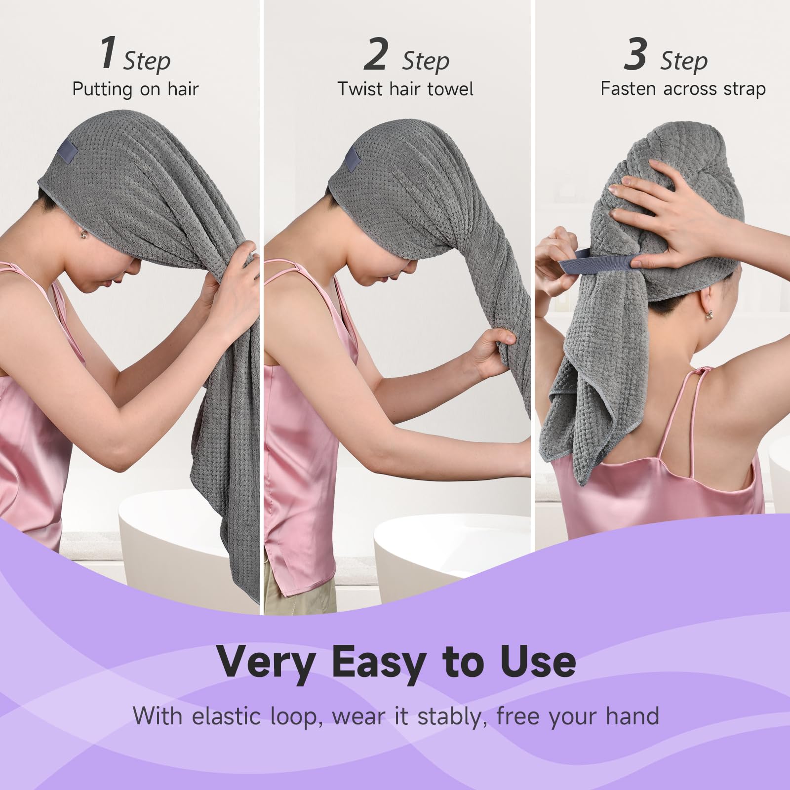 Umisleep Extra Large Microfiber Hair Towel for Women Long, Curly, Thick Hair, Super Soft Anti Frizz Quick Dry Hair Towel Wrap, Ultra Absorbent Hair Turban with Elastic Band Grey