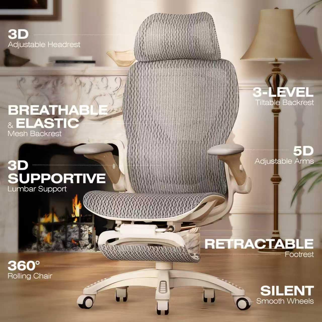 ELABEST X100 Ergonomic Office Chair with Footrest, Big and Tall Home Desk Chair with 5D Flip-Up Arms, Adjustable 3D Lumbar Support,High Back Rolling Computer Chair, Swivel Mesh Chairs (Coffee Break)