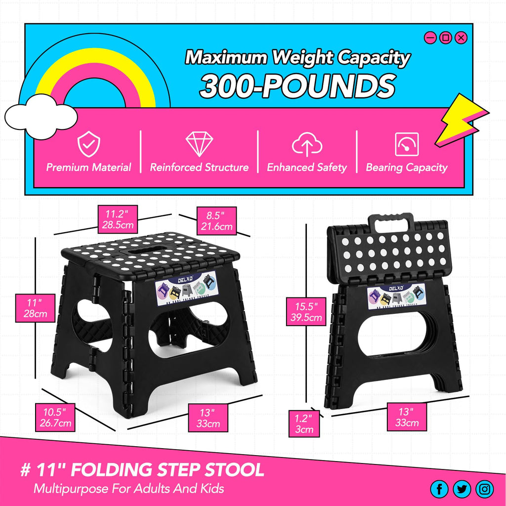 Delxo 11 inch 2 Pack Folding Step Stool, Non-Slip Foldable Stools Up to 300 LBS, Step Stool with Handle, Lightweight Collapsible stools for Kitchen, Bathroom, Bedroom, Garden (Black)