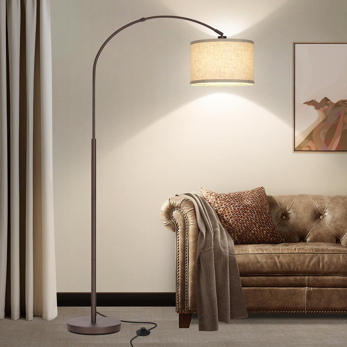 Rattan Floor Lamp, Arc Floor Lamps for Living Room, Farmhouse Standing Lamp with Adjustable Hanging Fabric Shade, Tall Pole Lamp with Foot Switch, Over Couch Arched Reading Light for Bedroom, Office