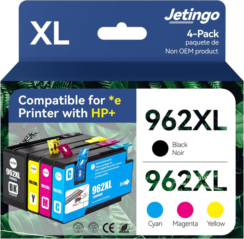 962xl Ink Cartridges Combo Pack for HP 962XL Black and Color Replacement for HP OfficeJet Pro 9010e 9015e 9010 9012 9015 9018 9025 Printers (4-Pack Black Cyan Magenta Yellow) (962-4P)