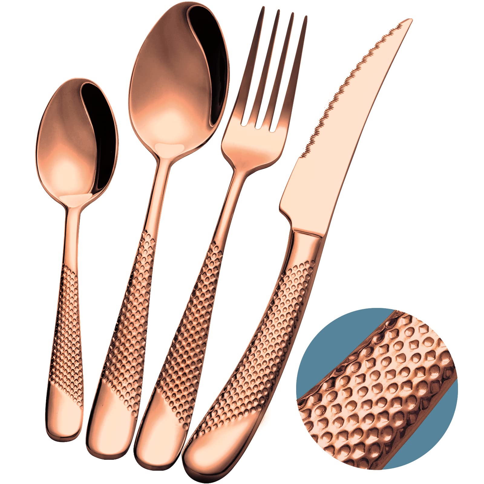 16-Piece Modern Black Hammered Silverware Set with Ultra Sharp 2-IN-1 Serrated Knives, 18/10 Stainless Steel Flatware Set, Titanium Plated Cutlery Set Service for 4, Dishwasher Safe