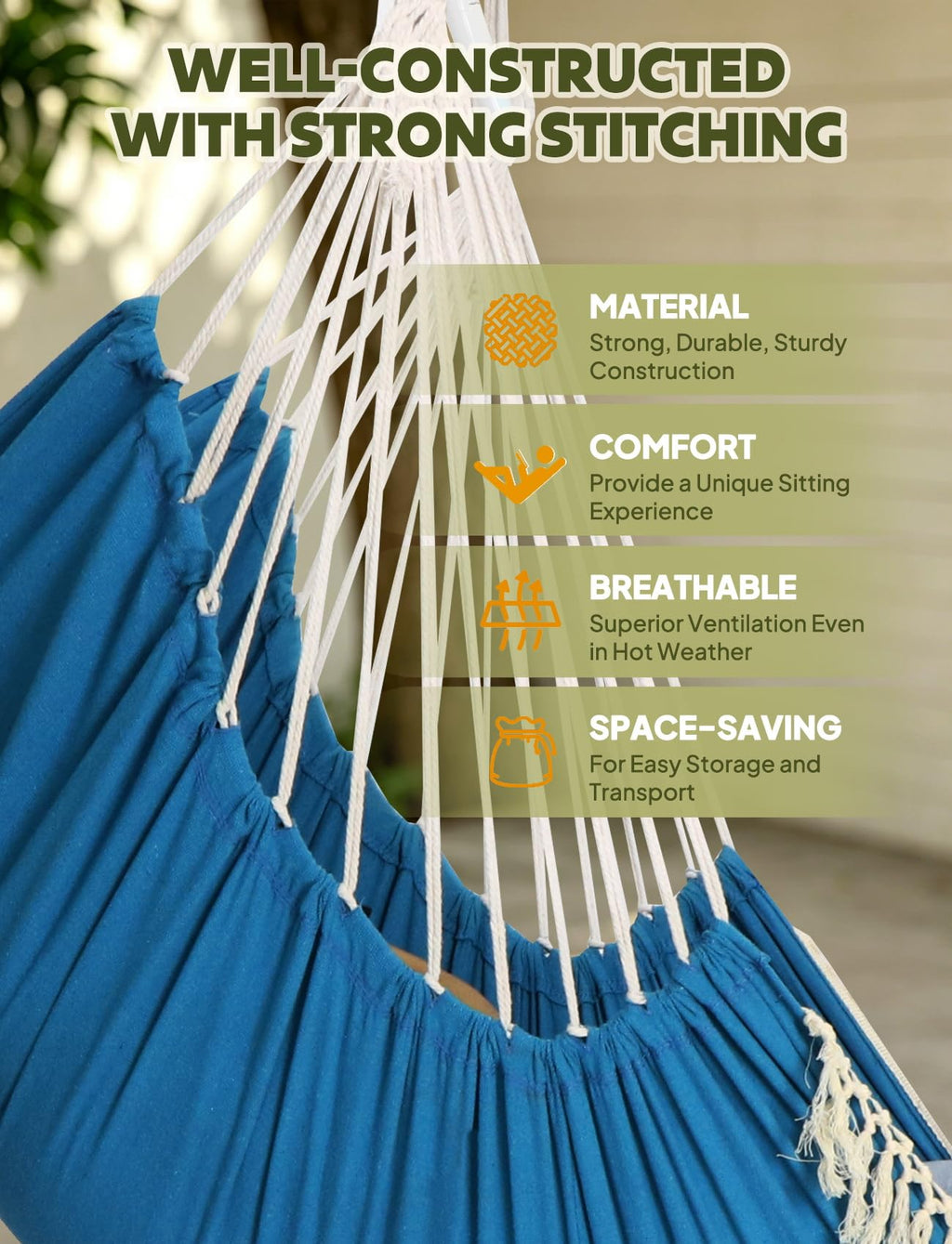 Chihee Hammock Chair Hanging Swing Max 500 Lbs 2 Cushions Included Metal Spreader Bar with Anti-Slip Grooves Portable Hanging Chair Side Pocket Large Macrame Bohemian Chair Indoor Outdoor | Hanging Swing with Anti-Slip Grooves Portable Hanging Chair Side