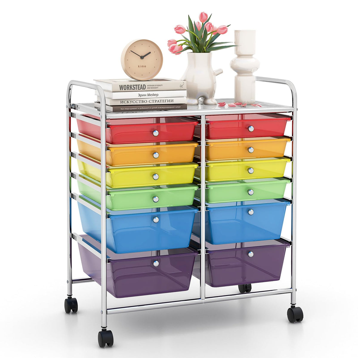 LDAILY 9 Drawer Rolling Storage Cart, Rolling Cart with Drawers for Classroom, Art Supply Craft Organizer on Wheel with Metal Frame & Handles for Home Office School